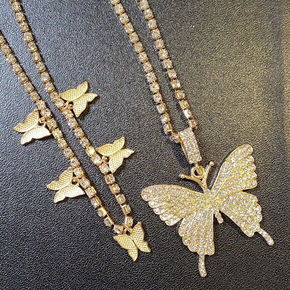 HaHa Girl- Two rhinestone butterfly necklaces gold tone 8in chain. - Picture 1 of 3